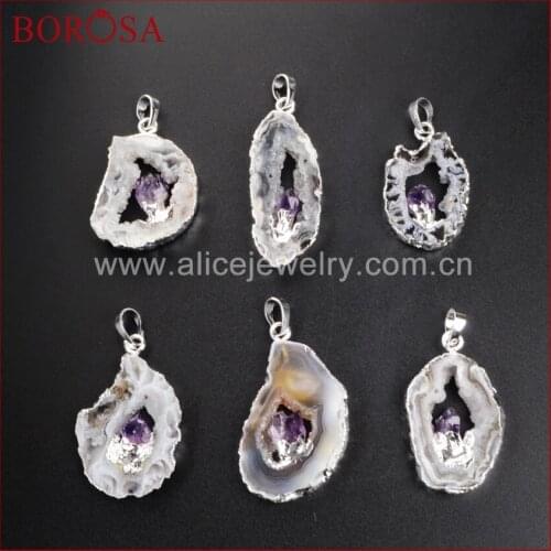 BOROSA Natural Agates Geode Druzy Slice Pendant with Natural Purple Crystal Beads inlay Drusy Pendant for Necklace WX008
