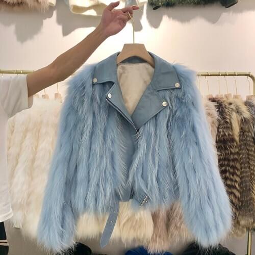 Sale Clearance Real Raccoon Fur Coat Women Genuine Leather Jacket Motorcycle Style