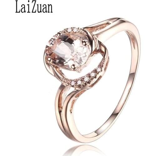 LaiZuan Solid 14K Rose Gold AU585 Certified Oval 7x5mm Genuine Natural Morganite & Diamond Engagement Wedding Women Jewelry Ring