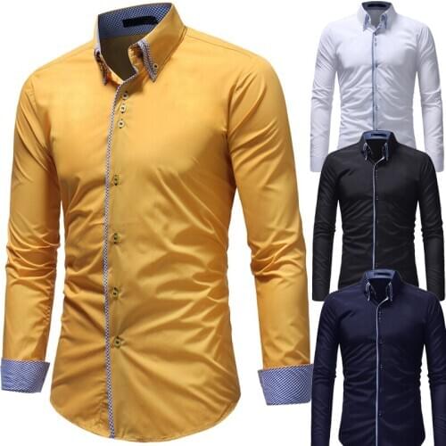 Mens Shirt Long Sleeve Double Turn Down Collar Single-Breasted Edging Cardigan Shirt Casual Slim Tops