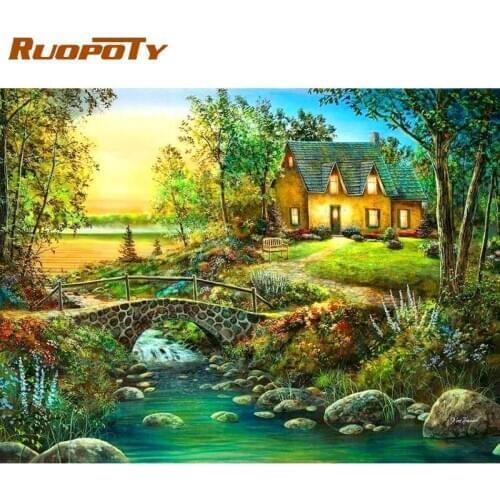 RUOPOTY Diy Painting By Numbers Colorful House Countryside Landscape Oil Paints Kits DIY Framed Modern Home Decor