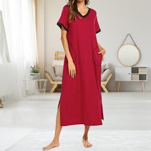 Summer Ladies Sleep Dress Slit Dress Pocket Short-sleeved V-neck Dress Soft Casual Clothing Comfortable Home Wear