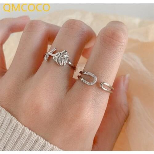 QMCOCO 925 Silver Rose Flower Rings For Women INS Trendy Elegant Couples Creative Geometry Hollow Out Design Party Jewelry Gifts