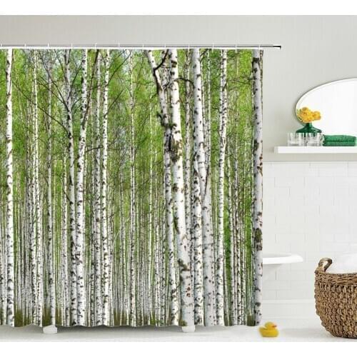 Birch Tree Forest Shower Curtain Branch Leaves Waterproof and Mildew Resistant Fabric Bathroom Shower Curtain White Green Brown