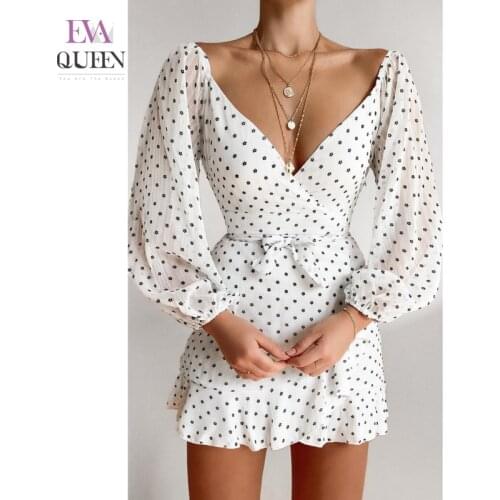 EvaQueen Stars Print Sexy Mesh Dress Women See-through Lantern Sleeve Tie Bow High Waist Mini Dresses Summer Beach Elegant Skirt