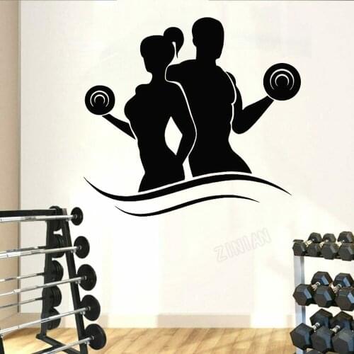 Sports Man Woman Wall Decal Fitness Dumbbells Decor Exercise Room Vinyl Wall Sticker For Bodybuilder Gym Gymnasium Murals Y167