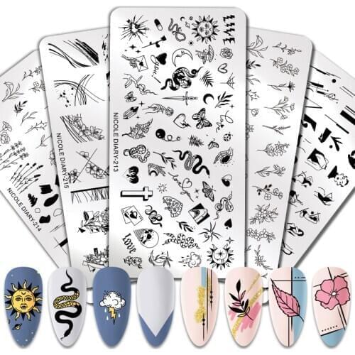 NICOLE DIARY Nail Art Stamping Plates Geometric Flowers Multi-pattern Nail Art Stamp Stencil Template Tools