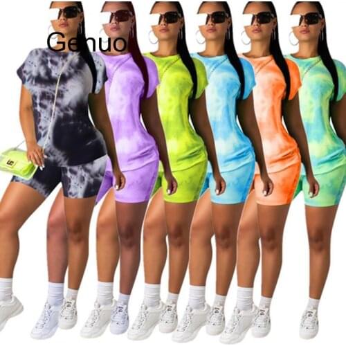Tie Dye Tracksuit Women 2 Piece Outfits Festival Clothing Short Sleeve Top And Biker Shorts Sweat Suits Two Piece Set