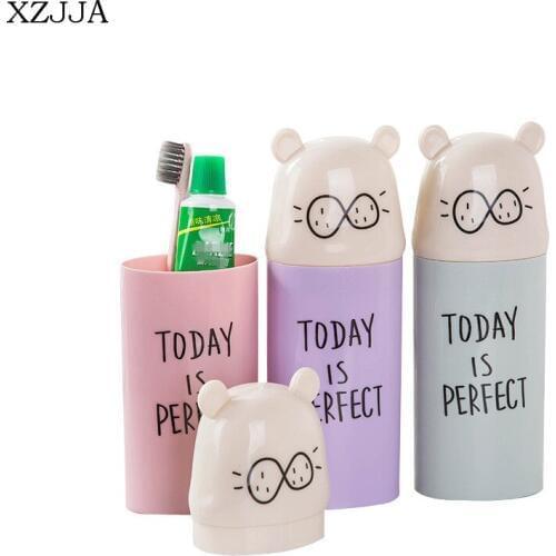 XZJJA Cute Cartoon Bear Toothbrush Toothpaste Storage Box Portable Tooth Mug Travel Tableware Fork Spoon Dustproof Container