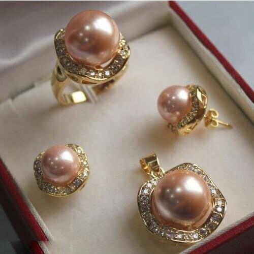 Fine Quality Jewelry Wholesale Good 10mm &14mm Light Pink South Sea Shell Pearl Earrings Ring Necklace Pendant Set1 5.23 5.23