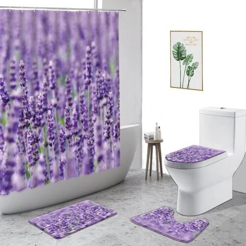 Lavender Shower Curtain Purple Flower Plant Pastoral Scenery Bathroom Decor Curtains Set Anti-Slip Carpet Toilet Cover Bath Mat