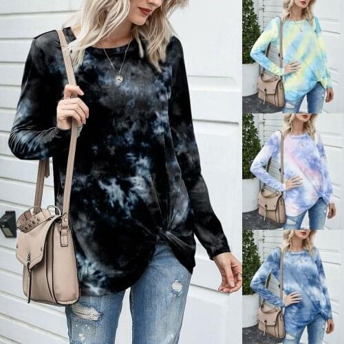 Woman Tshirts Graphic T Shirts Women Tie-Dye Crewneck Long Sleeve Knot Loose Pullover Harajuku Tops Women 2020 Mujer Camisetas