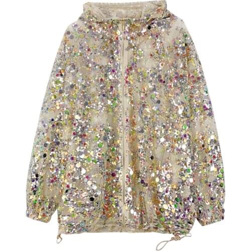 Sequined Sun-Protective Clothing Womens 2021 Summer New Thin Casual Loose Jacket All-Matching Long Sleeve Hooded Short Coat