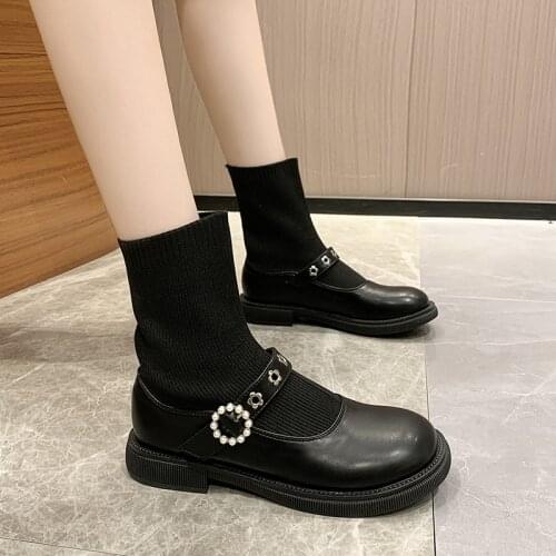 Black Sock Boots Women 2020 New Punk Gothic Shoes Ankle Boots Platform Shoes Women Black Crystal Pearl Sock Boots Plus Size