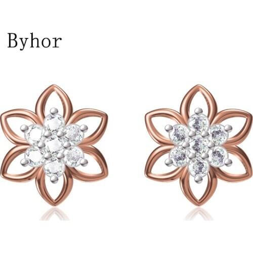 Byhor Solid 14K White/Yellow+White/Rose+White Gold 0.50ct H/SI Natural Diamonds Fine Jewelry Flower Stud Earrings Women Cерьги