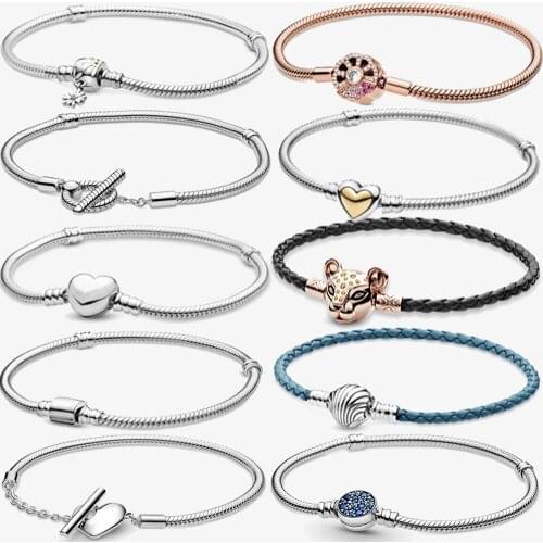 Charms 925 Sterling Solid Silver Bracelet Heart T-Bar Cuff Chain Sparkling Blue Disc Clasp Snake Chain Bracelet Women Jewelry
