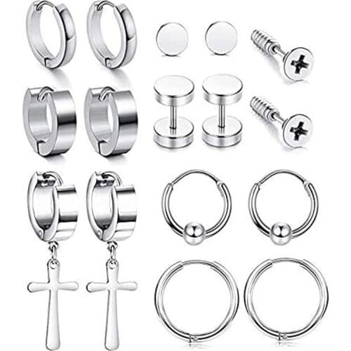 8 Pairs Stainless Steel Stud Earrings for Men Women Set Hoop Huggie Hypoallergenic Tiny Cartilage Piercing Earrings Silver-tone