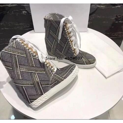 Fashion Women Boots Casual Lace Up Height Increasing Spring Shoes Woman Round Toe Gold Chain Ankle Boots Zapatos Mujer