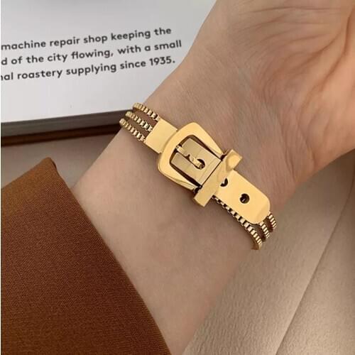 Fashion Stainless Steel Belt Shape Strap Charm Gold Bangle Women Jewelry Gift Punk Layered Bangle Bracelets High Quality