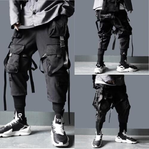Men Ribbons Color Block Black Pocket Cargo Pants Jog Sweatpant Hip Hop Trousers Ankle-length Pants Midweight Polyester Poplin