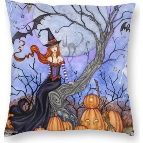 Halloween Tree Witch Pattern Cushion Cover Print Occult Gothic Magic Floor Pillow Case for Car Cool Pillowcase Home Decoration