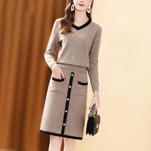Elegant Slim Knitted Set Women 2 Piece Outfit 2021 Office Lady Vintage Long Sleeve Pullover Sweater And Midi Straight Skirt Suit