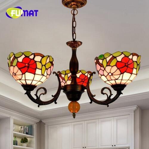FUMAT European Creative Tiffany Stained Glass Romantic Flowers Bedroom Restaurant Teahouse Cafe Three-headed Art Chandelier