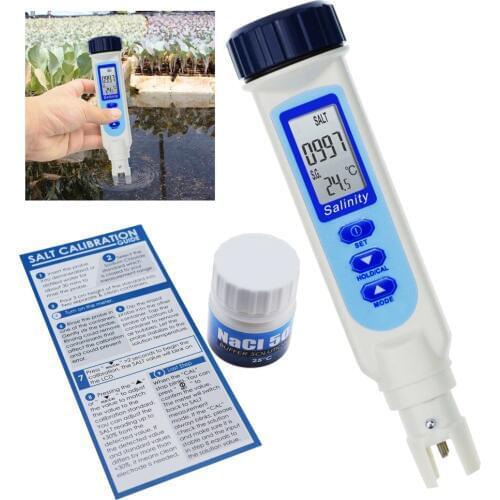 Pen Type Salinity & Temperature Meter ATC w/ Calibration Solution Set 4 Units Hydroponics Food Test ppm / ppt / % / S.G