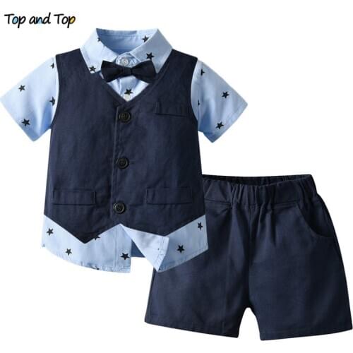 Top and Top Summer Boys Formal Suit Short Sleeve Shirt Tops with Bowtie+Vest+Shorts 3PCS Kids Boys Clothing Set Tuxedo Outfits