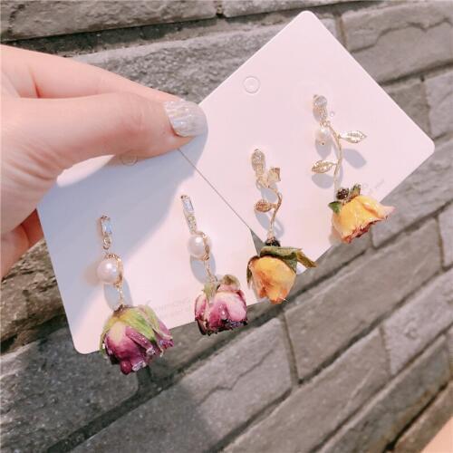 Korean Elegant Rose Flower Dangle Earring Metal Pearl Rhinestones Earrings for Women Fashion Jewelry