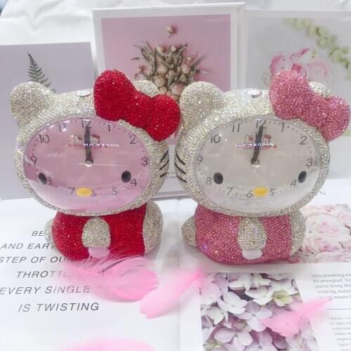 Cartoon Cat Cute Alarm Clock Sparkling Rhinestones Desk Watch Kitty Alarm Clock Bling Table Clock Antique Clock Vintage