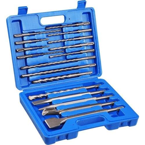 17PCS Electric Hammer SDS Carbon Steel Drill Bit Set Rock Chisel Plastic Box 10MM Round Shank Impact Rotary Concrete Masonry