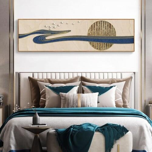Abstract golden lines blue light luxury new Chinese decorative painting master bedroom bedside wall hanging painting banner