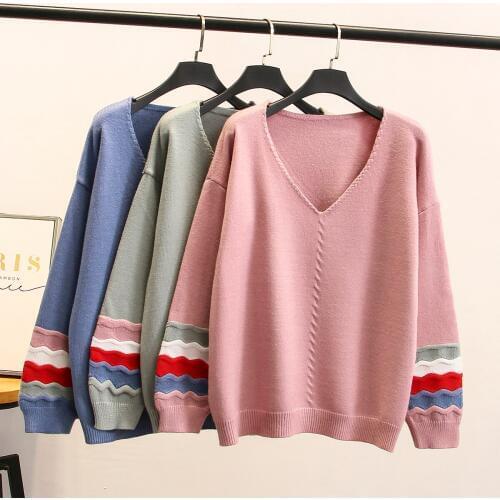 2018 New Autumn Winter Women Casual Sweaters V-neck Contrast Color Sleeve Plus Size Clothes Womens Sweaters XL-4XL