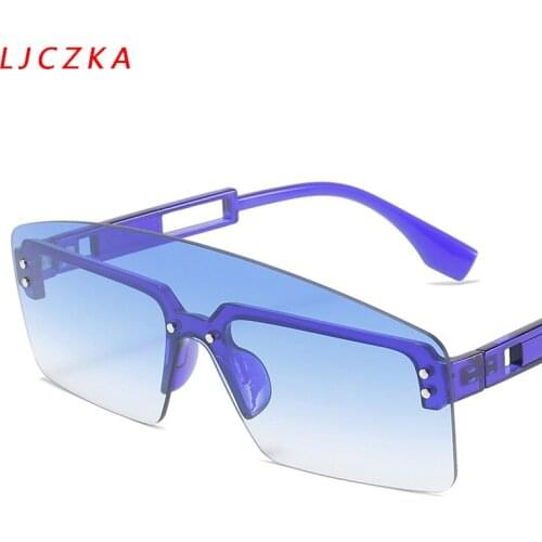 LJCZKA Vintage Punk Big Frame Sunglasses Women 2021 Oversized Flat Top Blue Sun Glasses Female Luxury Brand Designer Goggles UV
