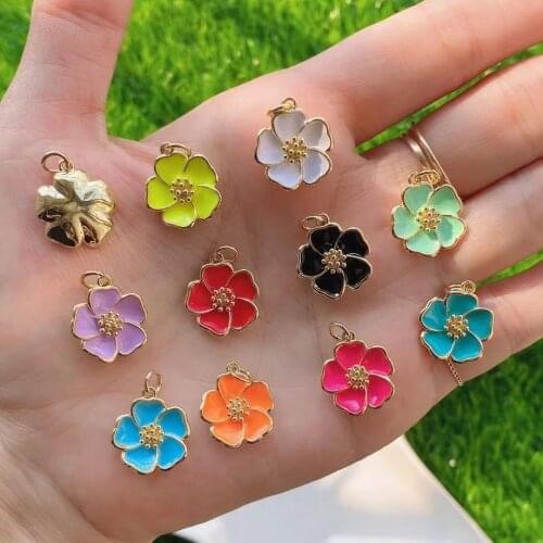 10Pcs Fashionable Design Lucky Charm Flower Shape Enamel Colorful Brass Gold Plated Pendant Necklace