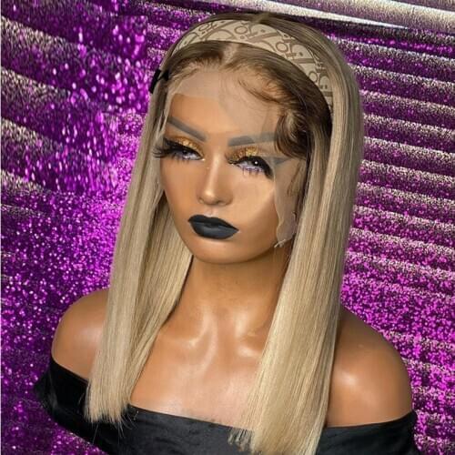 Ombre Blonde Color Short Bob Wig 13*4 Transparen Lace Front Human Hair Wig For Women With Baby Hair Adjustable Strap