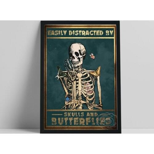 Skeleton And Butterfly Poster, Funny People Skeleton Easily Distracted Prints, Vintage Love Skull Wall Decor, Housewarming Gift
