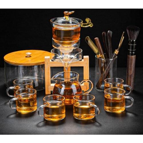 Transparent Tea Set Semi Automatic Glass SimpleTeapot Southeast Black Tea Kung Fu Bamboo Plate Bardak Seti Tea Service EI80TS