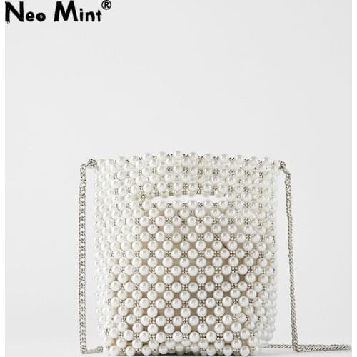 Luxury Handmade Pearl Bags Ladies Beaded Box Bucket Bag Women Elegant Party Shoulder Cross Body Bags for Women Summer Handbags