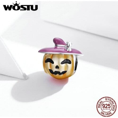 Wostu 925 Sterling Silver Halloween Pumpkin Charm for Original Silver Plated platinum Bracelet Fine Jewelry DIY Bangle BSC329