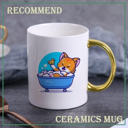 Funny kitten in bathtub mug golden handle Ceramic Coffee Tea Milk Drinkware Mugs,Personality Cups Coffee Cup gift KTDW-041