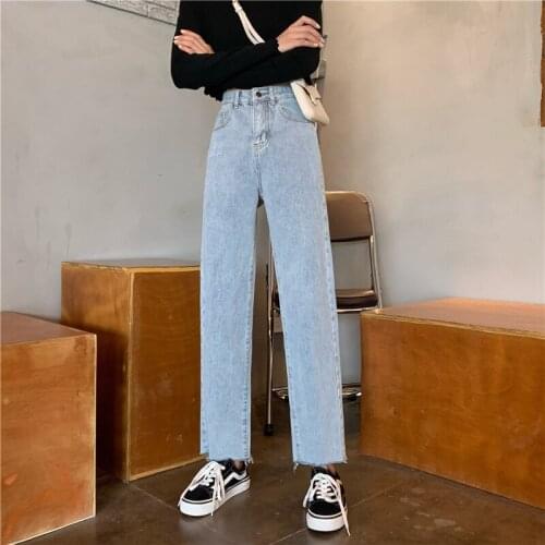 All Match High Waist Jeans Womens Autumn 2021 New Trousers Straight Loose Korean Students Thin Wide Leg Cotton Denim Pants Lady