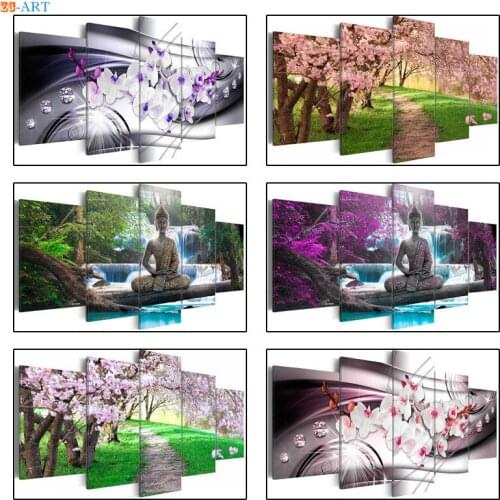 Cherry Blossom Prints Canvas Painting 5 Pieces Orchids Painting Buddha Statue Poster Wall Art Decor Living Room Home Decoration