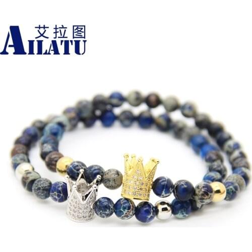 Ailatu Jewelry Wholesale 6mm Sea Sediment Stone Beads with CZ Crown Men and Girl Beaded Bracelet