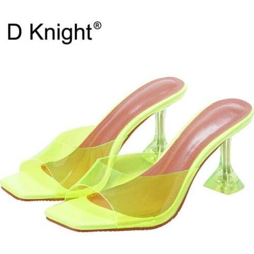 7CM/9CM Transparent Perspex Slippers Shoes Green Silver Open Toe High Heels Women PVC Jelly Slippers Heels Clear Sandals Size 40