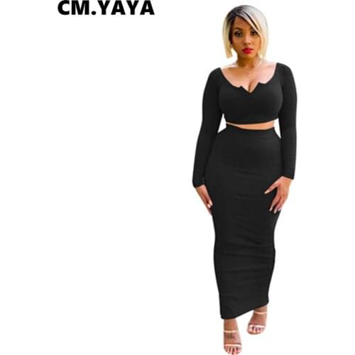 CM.YAYA Women Set Solid Full Sleeve V-neck Slim Crop Tops Skinny Back Slited Long Skirts Two 2 Piece Sets Fashion Outfit Autumn