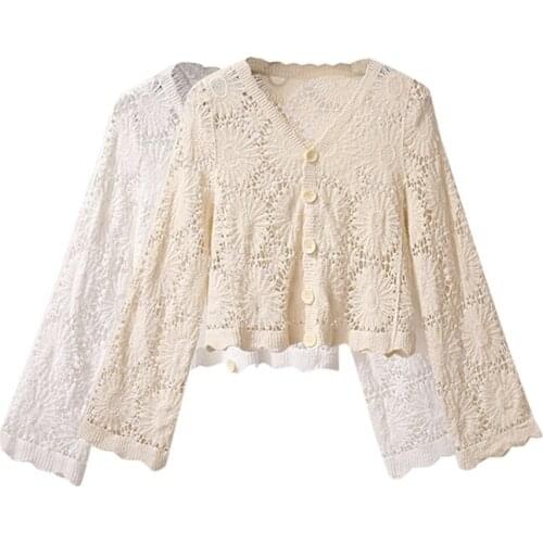 Lace Knitted Women Cardigan Summer Vintag e2021 V-Neck Flare Sleeved Elegant Female Outwear Coats Tops