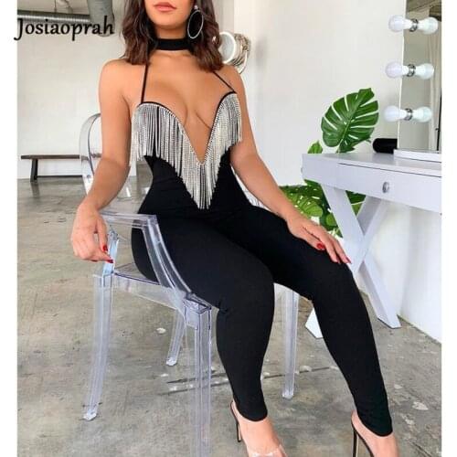 Josiaoprah 2021 New Novelty Tassel Diamonds Flaring Heavy Industry Halter Backless High Waist Women Pencil Skinny Jumpsuits
