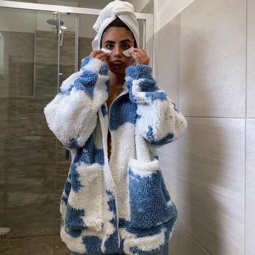 2020 Winter Womens Tie Dye Cashmere Coat Casual Lapel Fur Lamb Plush Clouds Color Pocket Jacket Teddy Loose Overcoat Outwear